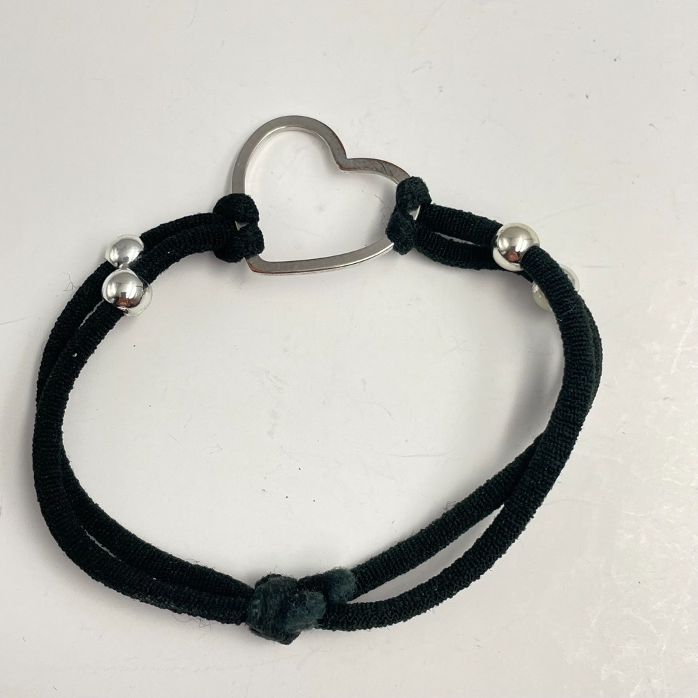 Vintage 90s Heart Charm Bracelet Black Cord Silver Tone Beads Boho Minimalist